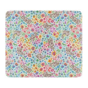 Pebble's Whimsical Garden Gray Cat & Bright Floral Cutting Board