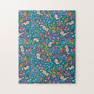 Pebble's Whimsical Garden Gray Cat & Bright Floral Jigsaw Puzzle