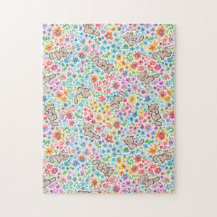 Pebble's Whimsical Garden Gray Cat & Bright Floral Jigsaw Puzzle