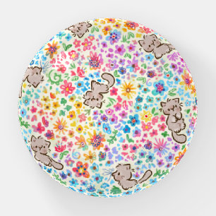 Pebble's Whimsical Garden Gray Cat & Bright Floral Paperweight