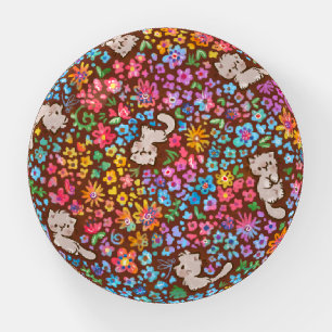 Pebble's Whimsical Garden Gray Cat & Bright Floral Paperweight