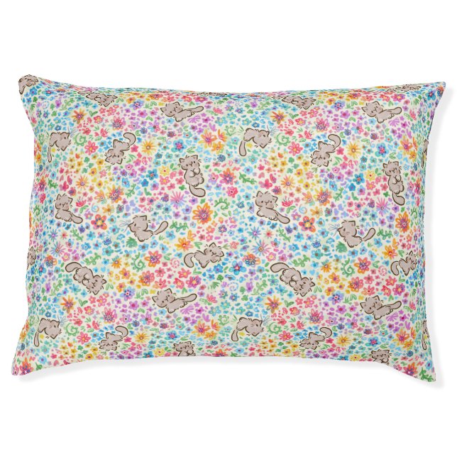 Pebble's Whimsical Garden Gray Cat & Bright Floral Pet Bed (Front)