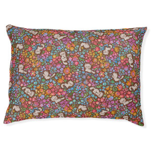 Pebble's Whimsical Garden Gray Cat & Bright Floral Pet Bed