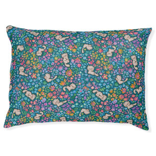 Pebble's Whimsical Garden Gray Cat & Bright Floral Pet Bed