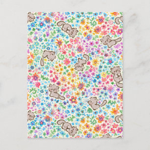 Pebble's Whimsical Garden Gray Cat & Bright Floral Postcard