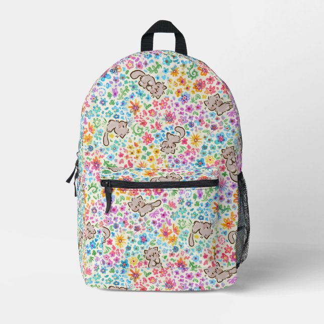 Pebble's Whimsical Garden Gray Cat & Bright Floral Printed Backpack (Front)