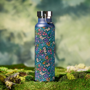 Pebble's Whimsical Garden Gray Cat & Bright Floral Water Bottle
