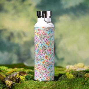 Pebble's Whimsical Garden Gray Cat & Bright Floral Water Bottle
