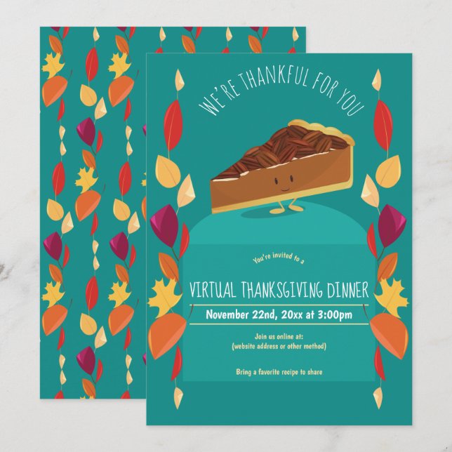 Pecan Pie Leaves Teal Virtual Thanksgiving Dinner Invitation (Front/Back)