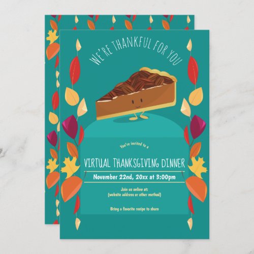 Pecan Pie Leaves Teal Virtual Thanksgiving Dinner Invitation