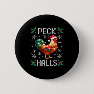 Peck The Halls Chicken Christmas Lights Snowflakes Button