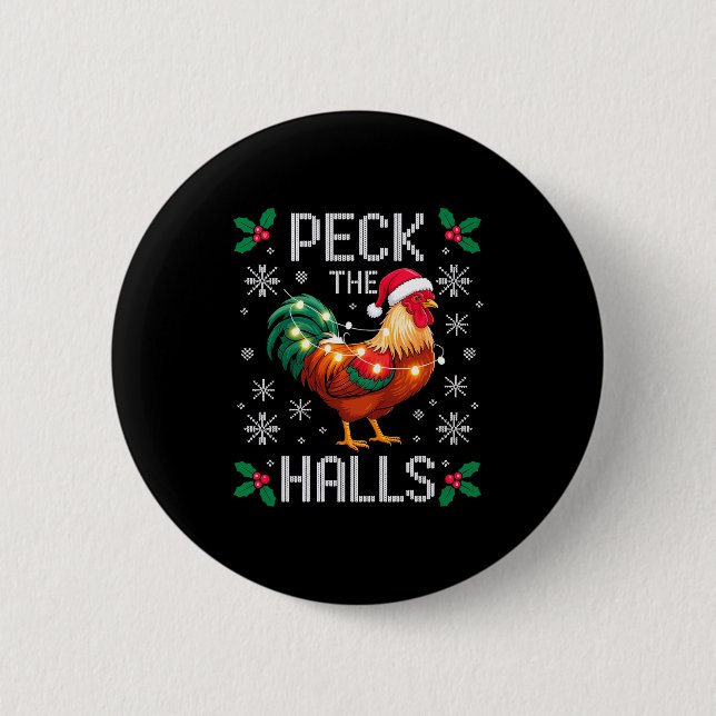 Peck The Halls Chicken Christmas Lights Snowflakes Button (Front)