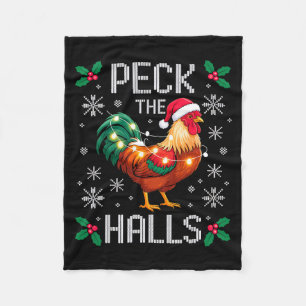 Peck The Halls Chicken Christmas Lights Snowflakes Fleece Blanket