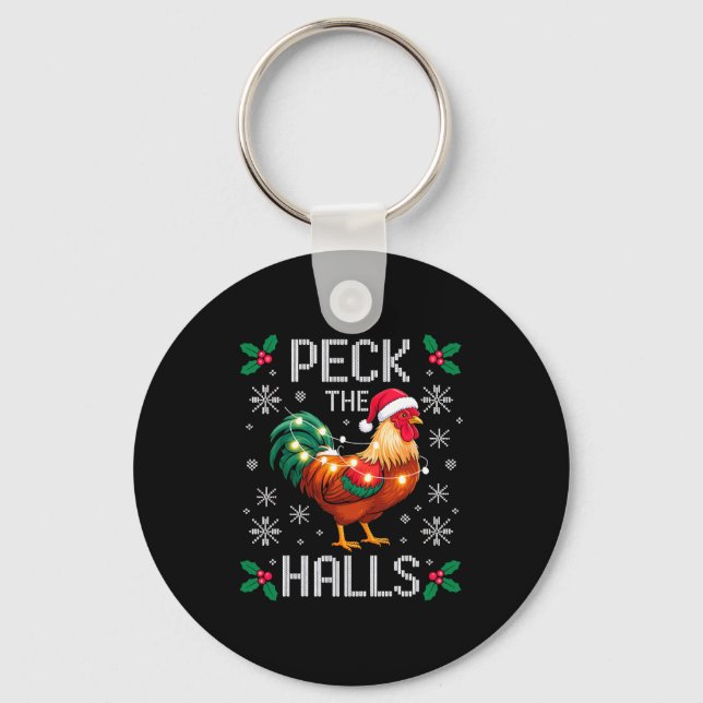 Peck The Halls Chicken Christmas Lights Snowflakes Keychain (Front)