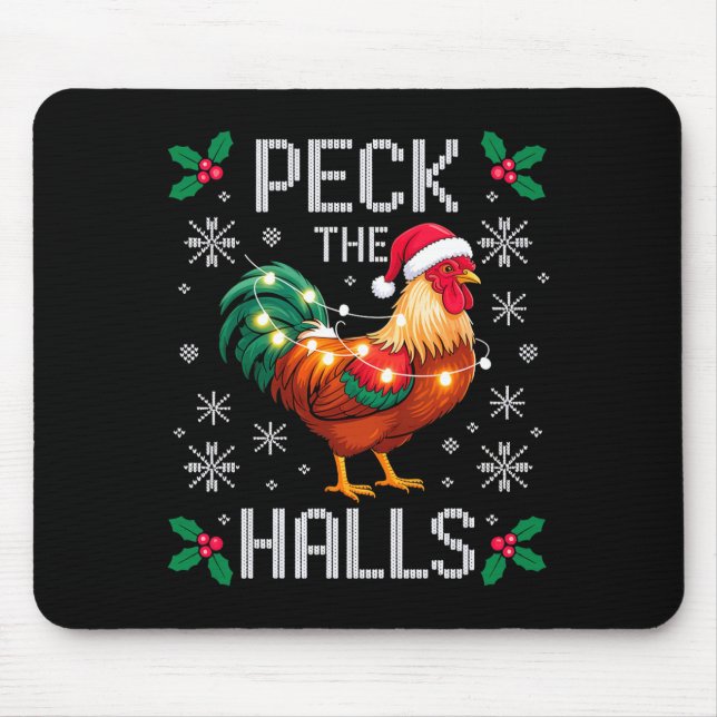 Peck The Halls Chicken Christmas Lights Snowflakes Mouse Pad (Front)