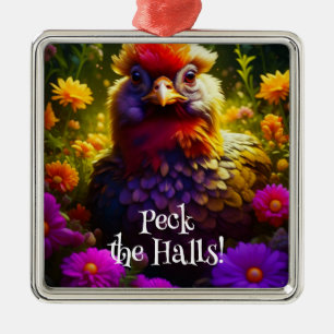 Peck the Halls Chicken Pun Christmas Hen Metal Ornament