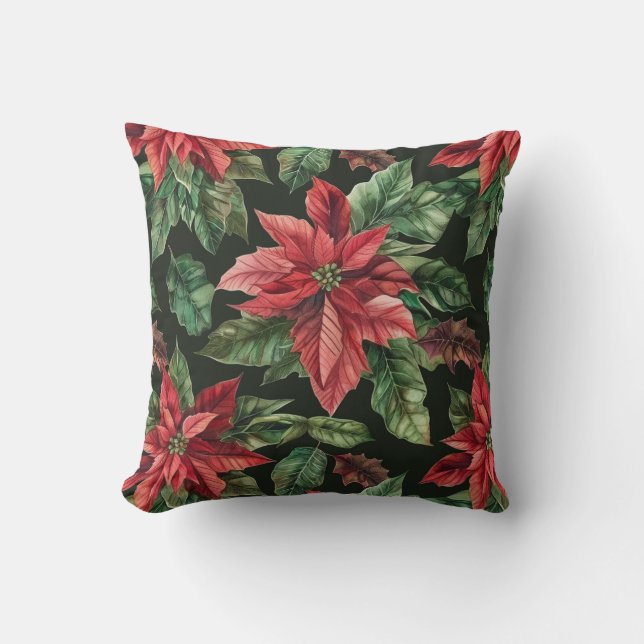 Ped and green Poinsettia flower Christmas  Throw Pillow (Front)