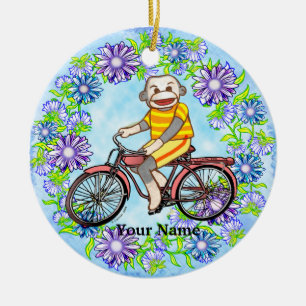 Pedal Bike Sock Monkey Ceramic Ornament