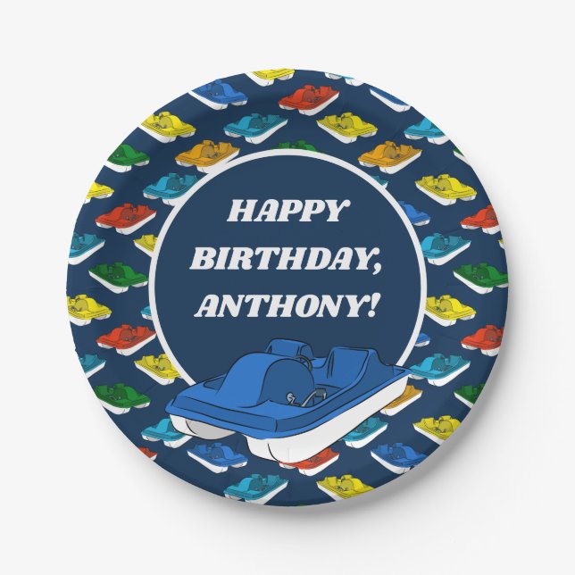 Pedal Boats Birthday Party Personalized Paper Plates (Front)