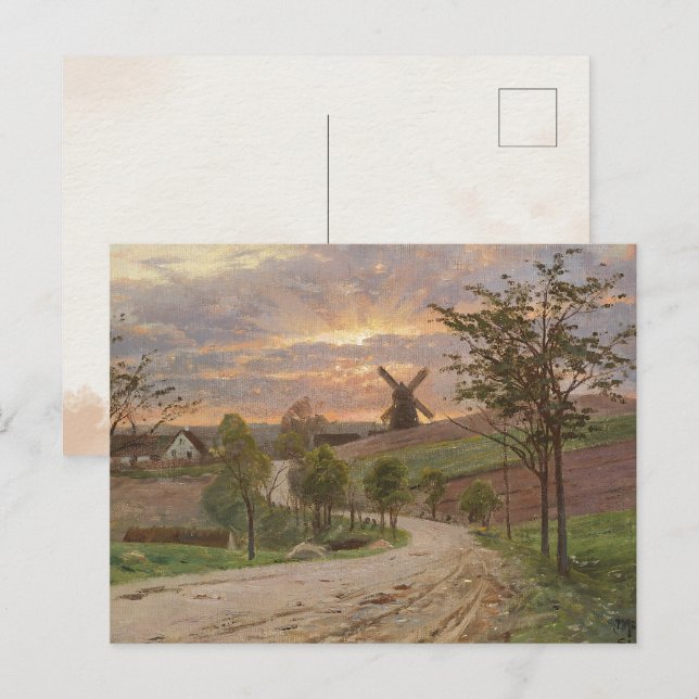 Peder Mønste-Country Road,Windmill,Sunset| Vintage Postcard (Front/Back)