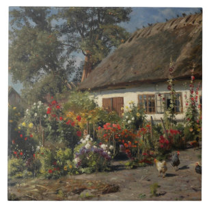 Peder Monsted - A Cottage Garden with Chickens Ceramic Tile