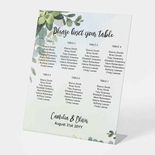 Pedestal 7 Table Wedding Seating Chart Greenery  P Pedestal Sign (Front)