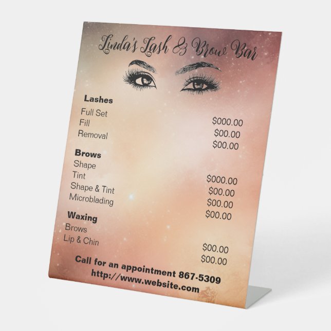 Pedestal services menu for lash/brow business sign (Front)