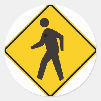 Pedestrian Crossing Highway Sign Classic Round Sticker by wesleyowns at Zazzle