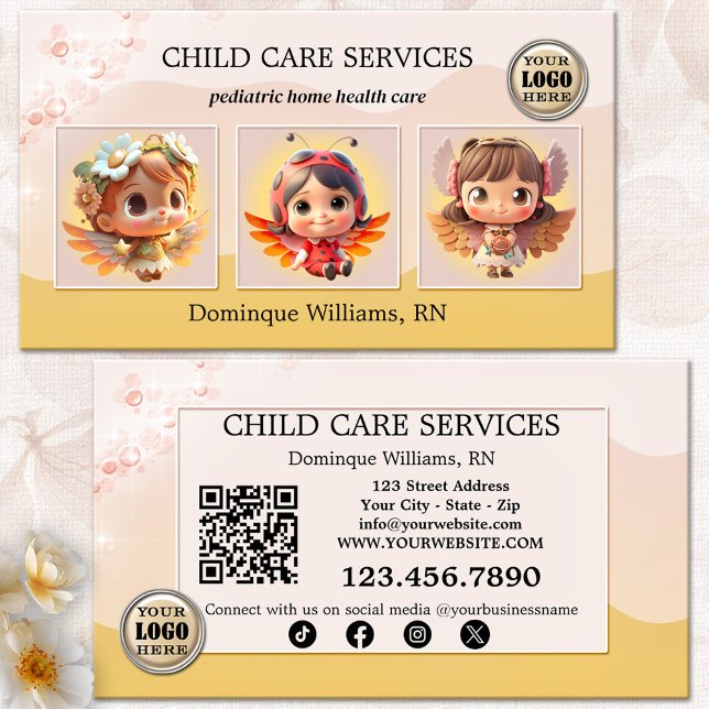 Pediatric Child Care Nurse Daycare Photo Business Card (Business card for child care services with cute kids angels or your photos - QR code - social media)