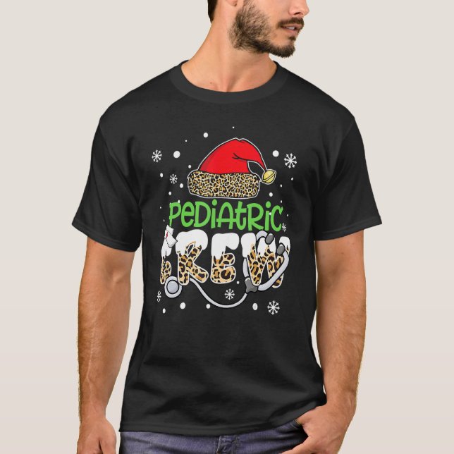 Pediatric Crew Leopard Santa Hat Stethoscope Nurse T-Shirt (Front)