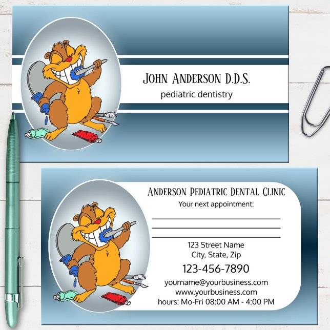 Pediatric Dentist Appointment Business Card (Pediatric dentist business card featuring an image of a cute animal happily brushing it's teeth)