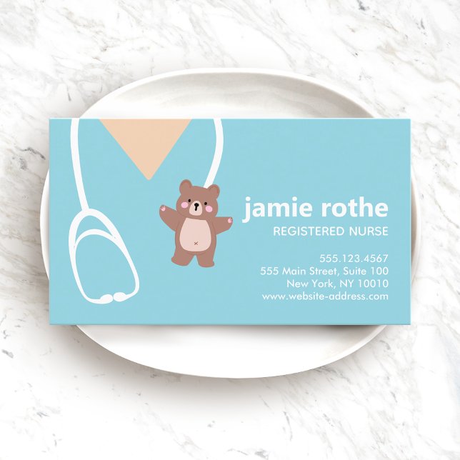 Pediatric Nurse Blue Teddy Bear Scrubs  Business Card (Creator Uploaded)