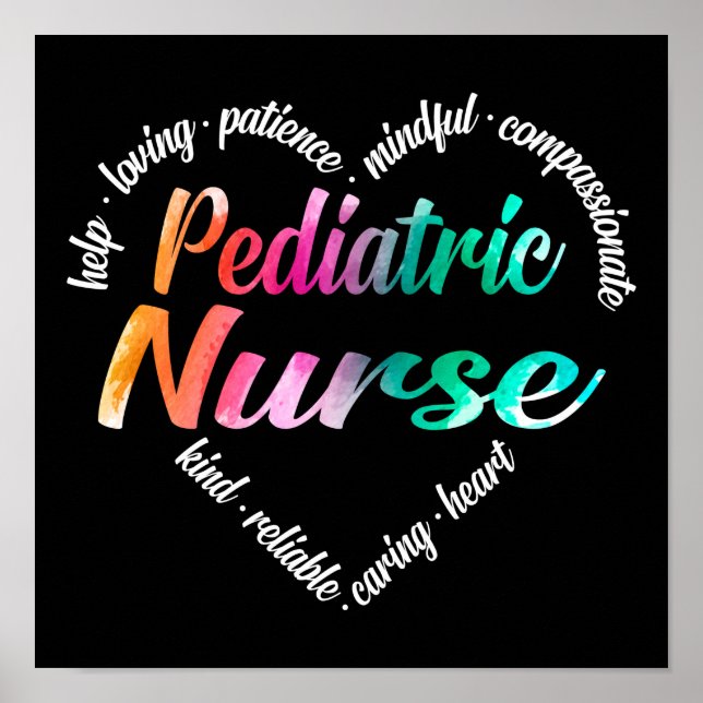 Pediatric Nurse Heart Word Cloud Watercolor Poster (Front)