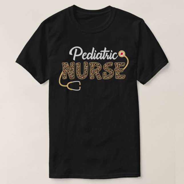 Pediatric Nurse Leopard Print Stethoscope Heart Nu T-Shirt (Design Front)