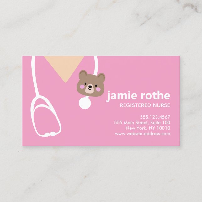 Pediatric Nurse Pink Scrubs Teddybear  Business Card (Front)
