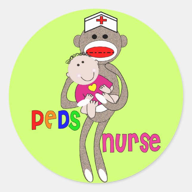 Pediatric Nurse Sock Monkey Design Classic Round Sticker (Front)