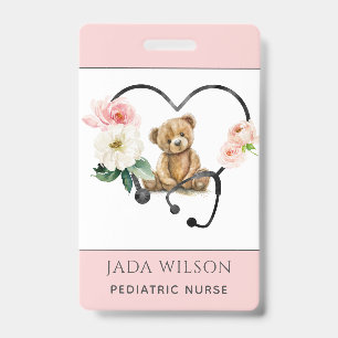 Pediatric Nurse Teddy Bear Floral Stethoscope Badge