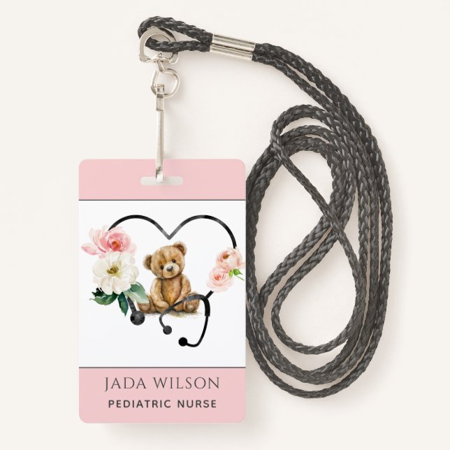 Pediatric Nurse Teddy Bear Floral Stethoscope Badge (Front with Lanyard)