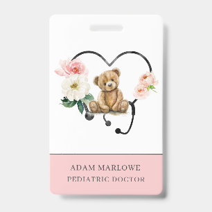 Pediatric Nurse Teddy Bear Floral Stethoscope Badge