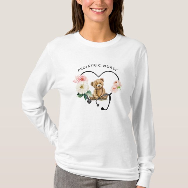 Pediatric Nurse Teddy Bear Floral Stethoscope T-Shirt (Front)