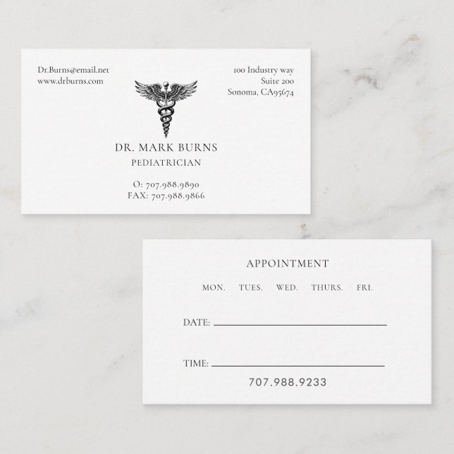 Pediatrician Doctor Caduceus Appointment And Business Card (Front/Back)