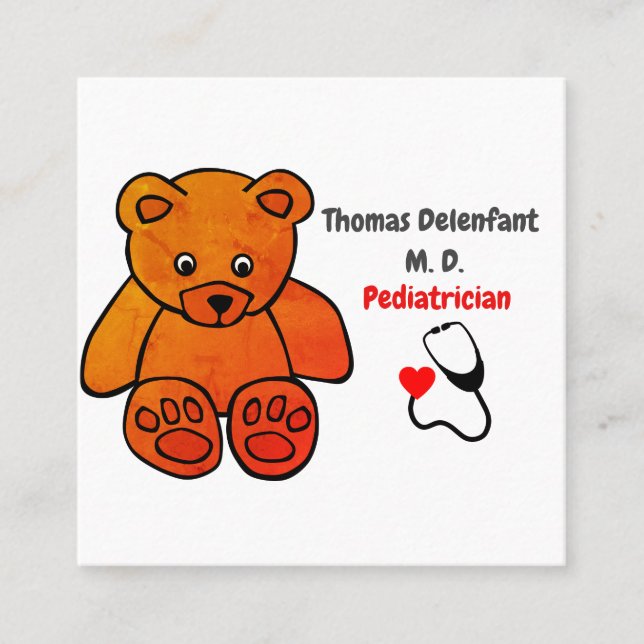 Pediatrician -  orange teddy  - stethoscope square business card (Front)