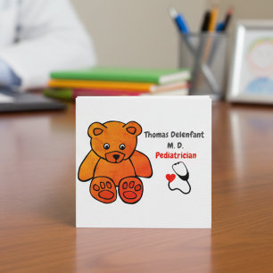Pediatrician - orange teddy - stethoscope square business card