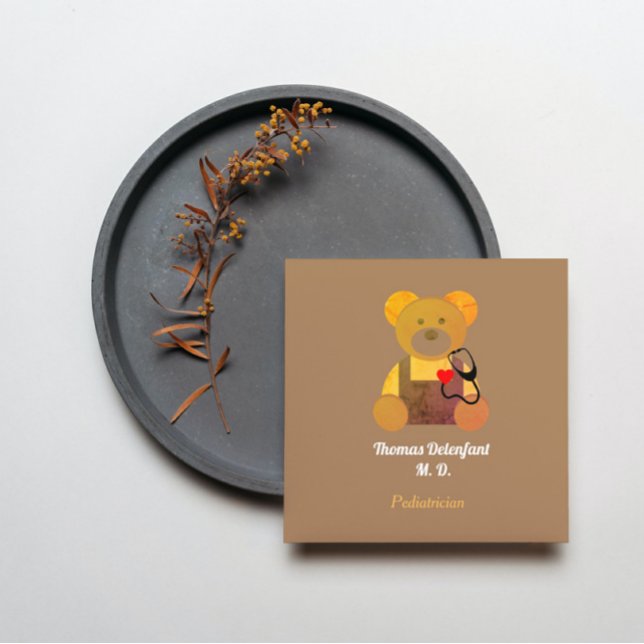 Pediatrician -  orange teddy  - stethoscope  square business card (Creator Uploaded)