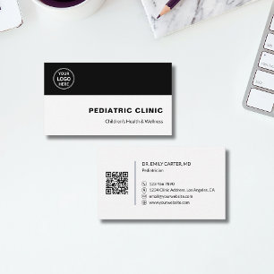 Pediatrician Pediatric Clinic Custom Logo QR Black Business Card