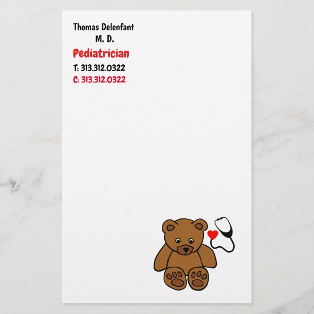 Pediatrician - teddy  and heart stethoscope stationery (Front)