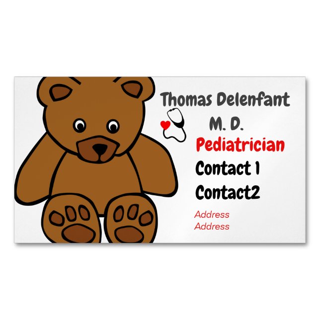 Pediatrician - teddy  and stethoscope business card magnet (Front)