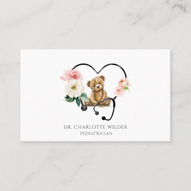 Pediatrician Teddy Bear Floral Stethoscope Business Card (Front)
