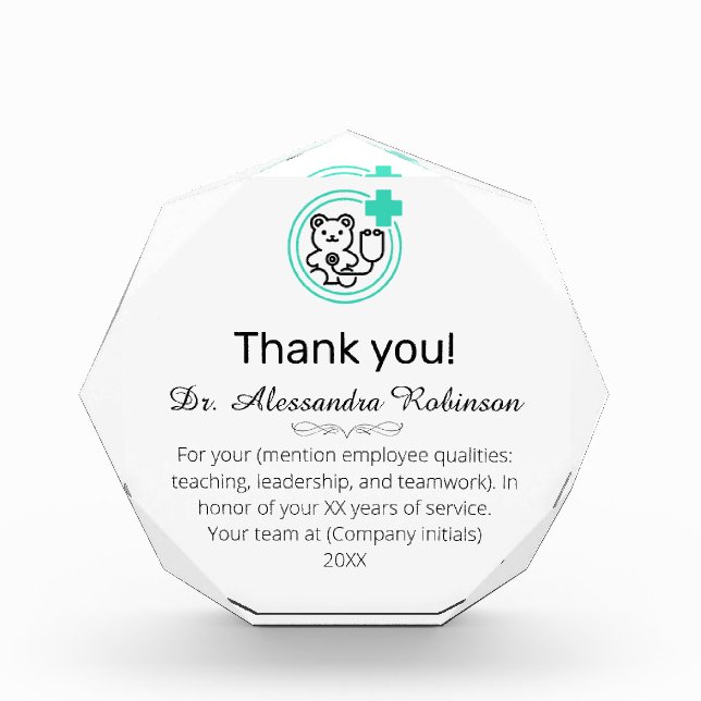 Pediatrician Thank you Appreciation Acrylic Award (Front)