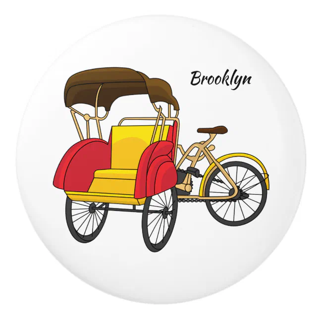 Pedicab rickshaw cartoon illustration ceramic knob | Zazzle